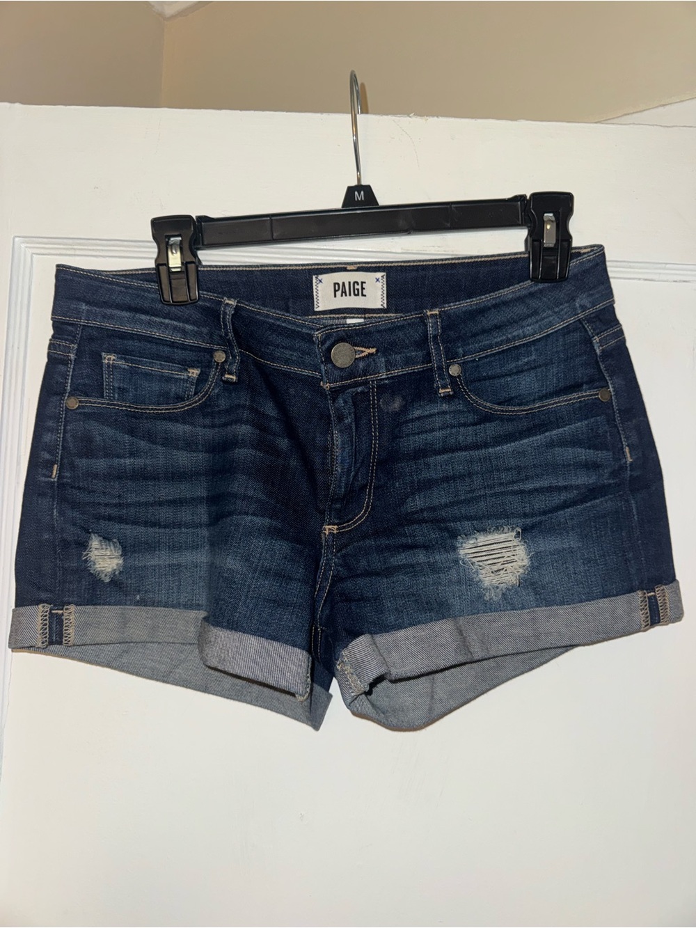 PAIGE Dark Blue Distressed Cuffed Denim Shorts Mini